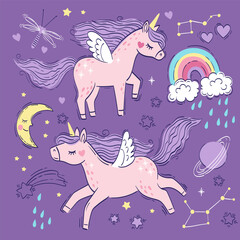 Vector set of illustration. Cute little pink magical unicorns. Vector hand drawing illustration on purple background. Print for t-shirt for children