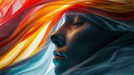 Woman face facing the camera of colorful abstract image of colorful abstract liquids with copy space.