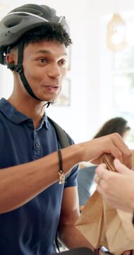 Delivery man, cellphone and restaurant order or courier pickup with online app, parcel or coffee shop. Male person, smartphone and meal package at checkout counter for food, lunch or small business