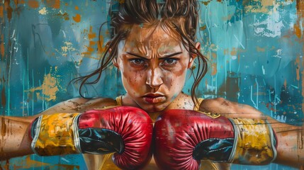 Close-up illustration of a confident, aggressive female boxer's face. Poster or advertisement design. - obrazy, fototapety, plakaty
