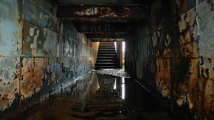 Fototapeta na wymiar A Long Hallway With Rusted Walls