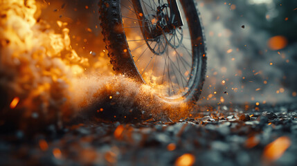 A realistic style road bicycle tire field with a road being hit, featuring flame effects