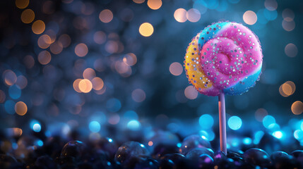 A purple yellow pink and blue lolipop with glittering stars on it and bubbles around