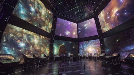 A futuristic star observatory with multiple large screens showing images of distant galaxies and nebula