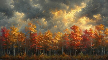 Witness the breathtaking interplay of moody clouds and vibrant foliage in the captivating autumn skies.