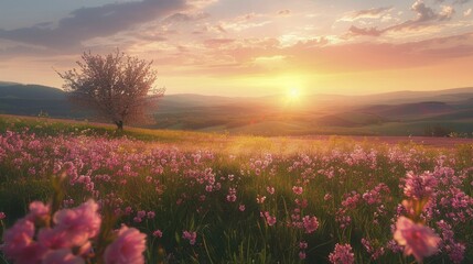 Obraz premium Sunrise and Blooming Valleys, The Vast Beauty of Spring Dawning.