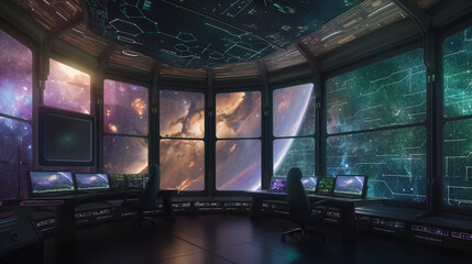 A futuristic star observatory with multiple large screens showing images of distant galaxies and nebula - obrazy, fototapety, plakaty