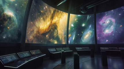 A futuristic star observatory with multiple large screens showing images of distant galaxies and nebula