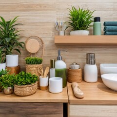 a wooden shelf with plants and bottles of soap and a bottle of hand soap. AI generated