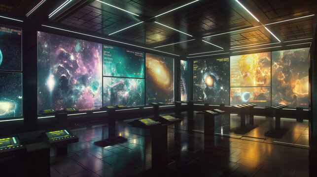 A futuristic star observatory with multiple large screens showing images of distant galaxies and nebula