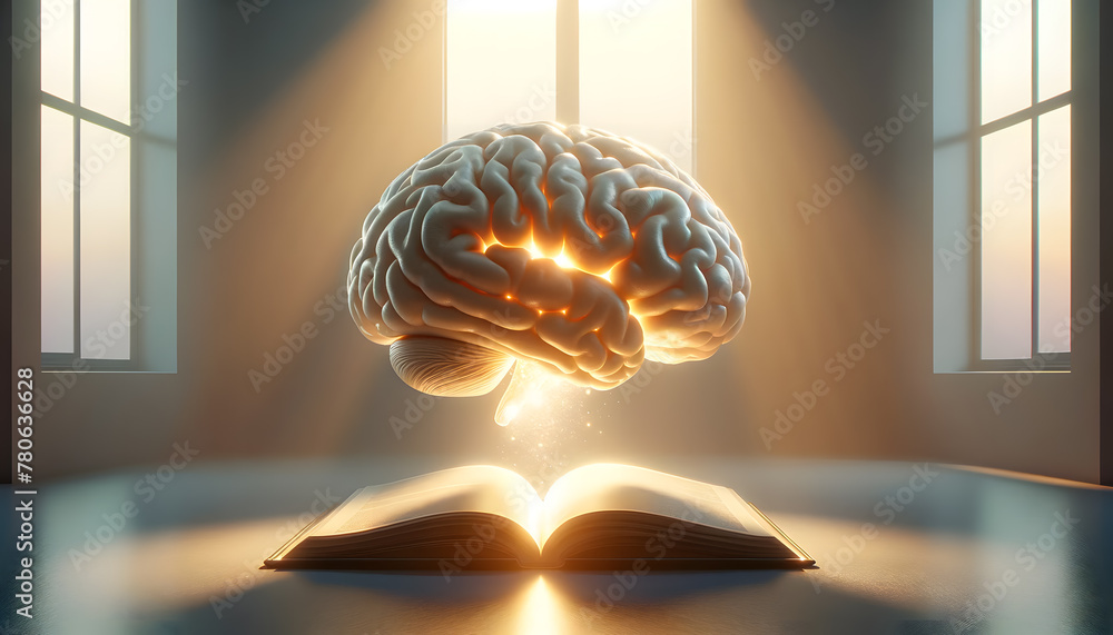Poster glowing brain floating above an open book.