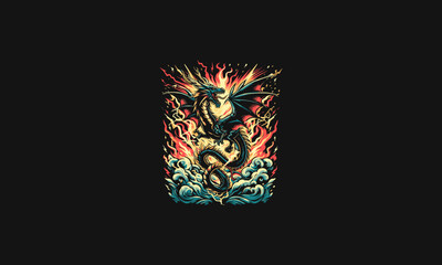 flying dragon flames and lightning vector artwork design