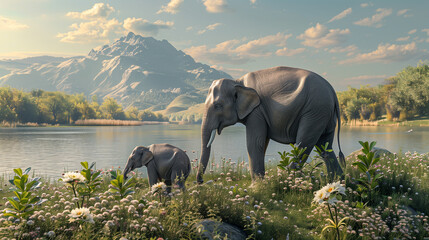 A mother elephant and cub stand on the grass near a water source. This scene is quiet. With the sun shining through the clouds in the background.