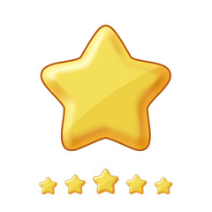 3d Vector cartoon style icon. Yellow rating star, five stars. Game element, review, achievement.