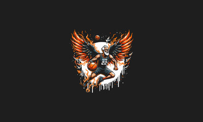 old man playing basket ball with wings flames lightning vector design