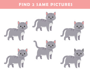Find 2 same pictures. Puzzle game for children. Preschool worksheet activity for kids. Educational game with cute cat illustration.