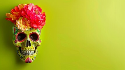 vibrant bold color Mexican skull with colorful purple pink and orange flowers on top, lime green solid color background, festive, copy space for cinco de mayo