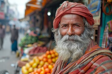 A joyful elderly man beams in front of a colorful fruit stall, radiating warmth and friendliness...