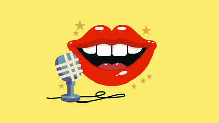 cartoon lips talking into a microphone, abstract banner