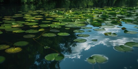 Green leaves on pond river lake landscaoe background view