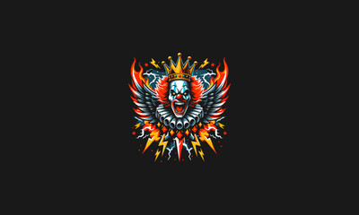 clown angry wearing crown with wings flames lightning vector design - obrazy, fototapety, plakaty