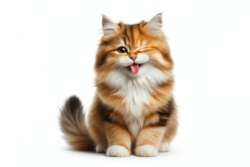 Full body cat winking and sticking out tongue isolated on white background - obrazy, fototapety, plakaty