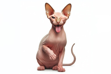 full body sphinx cat winking and sticking out tongue isolated on white background - obrazy, fototapety, plakaty