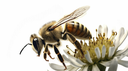 Fototapeta premium Bee Perching on a Flower in Close Up, Collecting Pollen and Nectar, Bees on White Background