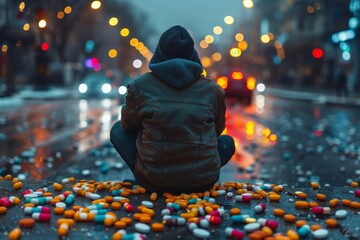 Image captures a person amidst a sea of colorful pills on a wet urban street