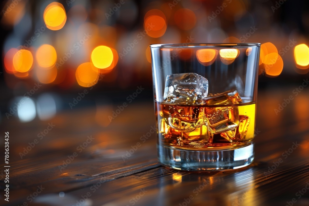 Poster luxuriously amber whiskey served on the rocks, with a splendid bokeh background adding to the elite 