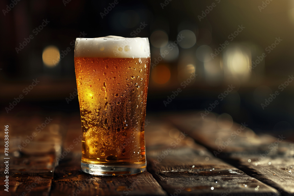 Aufkleber closeup of a beer glass on a table. fresh beer. cold craft beer. background image. created with gene