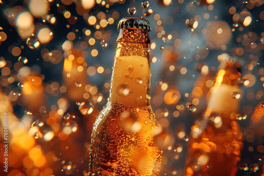 Poster closeup of cold beer bottles. cold craft beer. background image. created with generative ai technolo