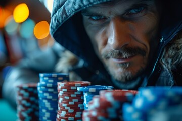 A male gambler with an intense stare, holding a significant amount of casino chips - obrazy, fototapety, plakaty
