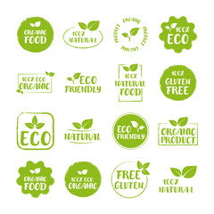 Organic food. Organic food elements or label. Set of Eco, Free gluten, Natural 100%, Eco Friendly, Organic product - 780638828
