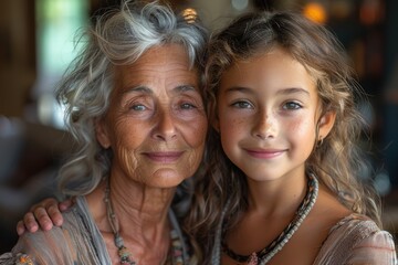 Elderly woman with gray hair and young girl hug, showing loving family relationship