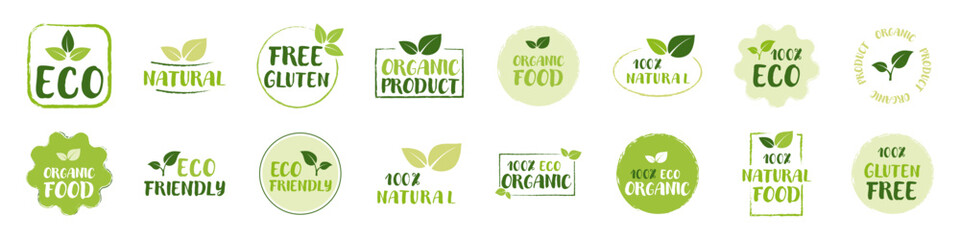 Organic food. Organic food elements or label. Set of Eco, Free gluten, Natural 100%, Eco Friendly, Organic product - 780638854