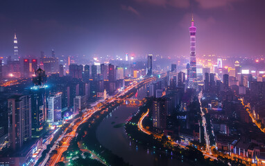 Fototapeta na wymiar China riverside city dusk scenery,created with Generative AI tecnology.