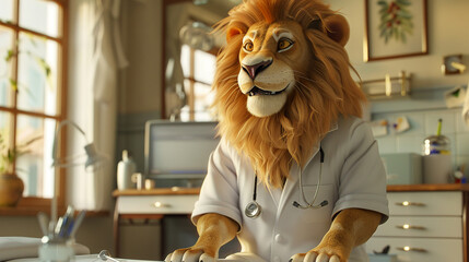 Anthropomorphic Lion Doctor in Clinic Office - obrazy, fototapety, plakaty