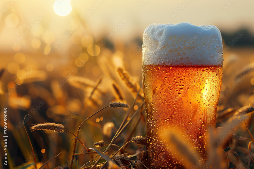 Poster glass of beer in a field. fresh beer. cold craft beer. background image. created with generative ai 
