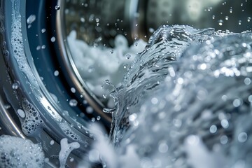 A closeup shot of an industrial washing machine with water pouring out of it