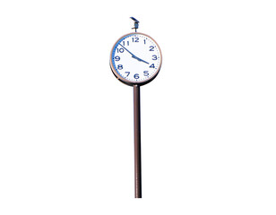Modern wall white clock outdoors attached to small steel pole isolated on cut out PNG or...