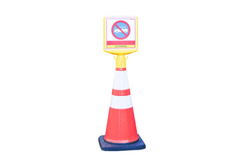 No parking vehicles allowed Sign or symbol in red, white, black, Crossed out silhouette of car. Set on red plastic cone  isolated on cut out PNG or transparent background.