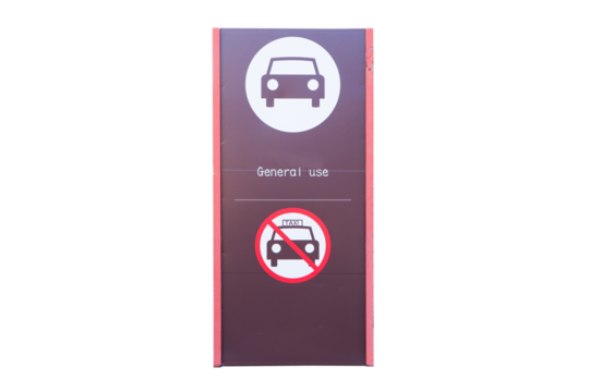 Sign prohibiting taxi parking for General Car parking sign brown, white and black Isolated on cut out PNG or transparent background. Traffic signs or symbol are rules that must be followed