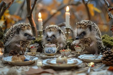 family of hedgehogs hosting a fancy dinner party in their burrow, complete with tiny bowties and elegant table settings. - 780639400