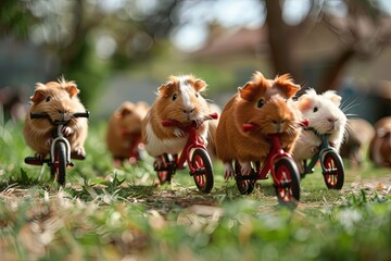 A group of guinea pigs riding miniature bicycles through an obstacle course in the backyard, competing for the title of fastest furry racer - 780639402