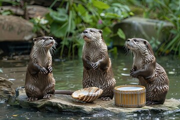 group of otters forming a rock band on the riverbank, with one playing a clamshell guitar and another using a rock as drums. - 780639411