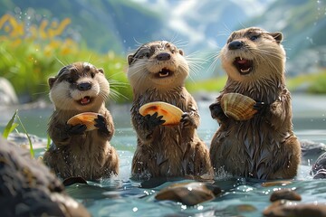 group of otters forming a rock band on the riverbank, with one playing a clamshell guitar and another using a rock as drums. - 780639414