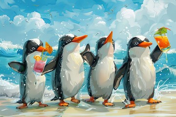 group of penguins enjoying a beach day, surfing on waves of ice while sipping colorful tropical drinks - 780639415