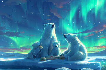polar bear family having a picnic on an iceberg, feasting on fish sandwiches and ice cream while admiring the northern lights - 780639417