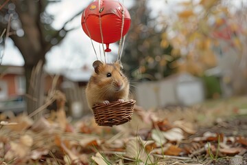 hamster piloting a tiny hot air balloon made from a balloon and a wicker basket, exploring the skies above the backyard - 780639419